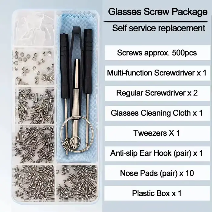 Kits d'outils de réparation de lunettes de soleil, 500 pièces, avec vis, plaquettes nasales, crochet