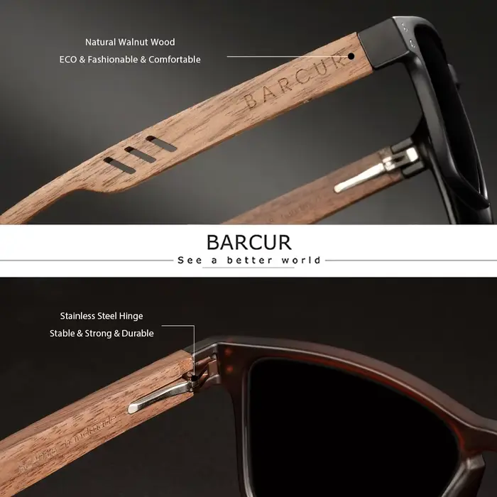 BARCUR-Lunettes de soleil carrées polarisées en bois, design original, marque de luxe, accessoires d