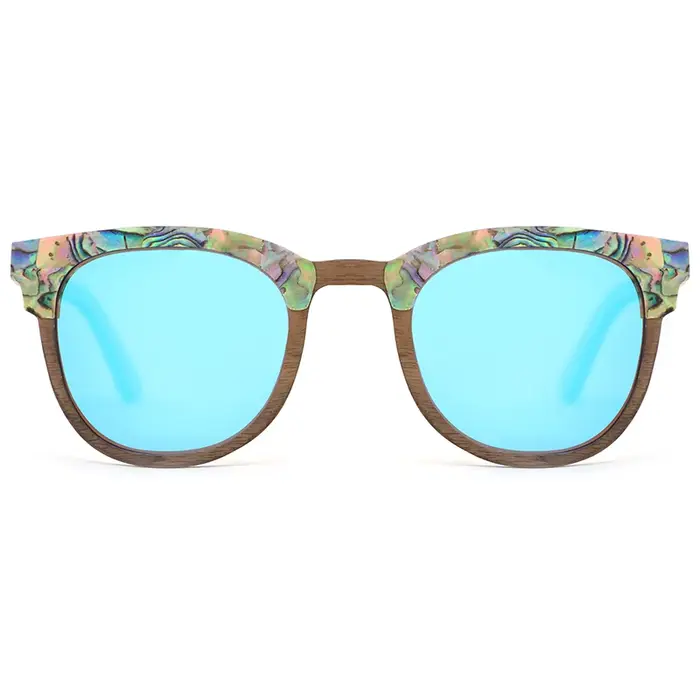 Lunettes de soleil en bois d'ormeau pour hommes et femmes, verres polarisés bleu glacier, lunettes d