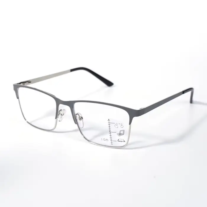 Lunettes de lecture progressives à monture grise pour hommes, anti-lumière bleue, grande monture mét