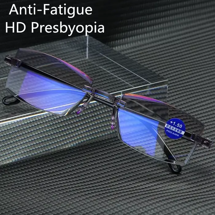 Lunettes de lecture carrées sans monture anti-lumière bleue 2025 pour femmes et hommes