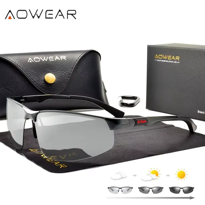 AOWEAR hommes photochromique polarisé sans monture lunettes de soleil hommes jour nuit conduite camé