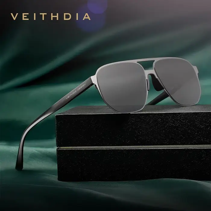 VEITHDIA-Lunettes de soleil pilote en acier inoxydable pour hommes, lunettes de sport polarisées, lu