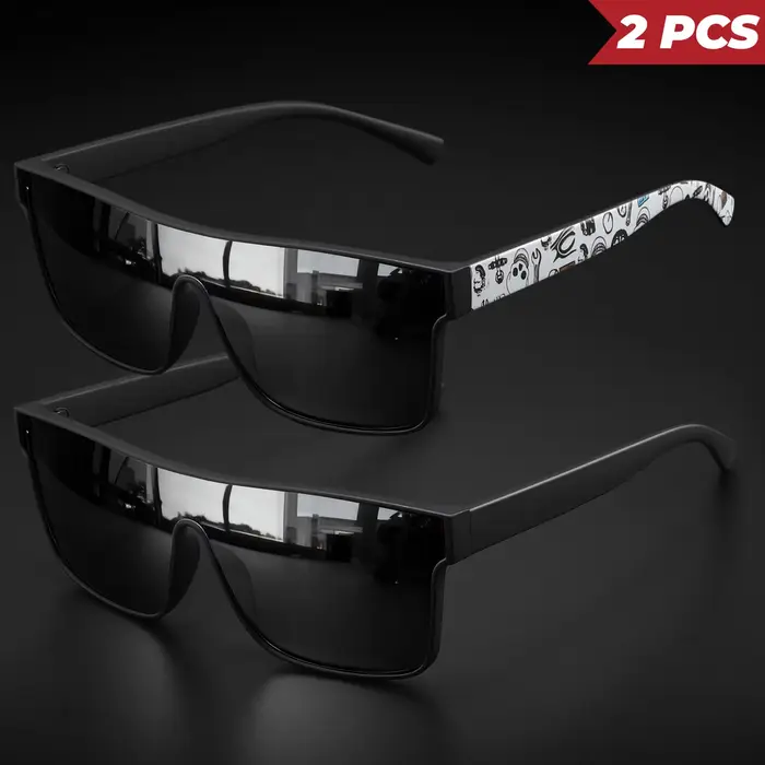 Lunettes de soleil carrées classiques à la mode, 2 pièces, branches à motifs, UV400 unisexe pour le