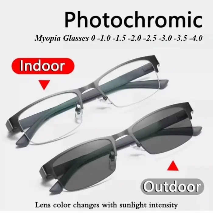 Lunettes de myopie à demi-monture photochromiques pour hommes, verres d'affaires gris 0 ~ -4.0, lunettes légères bloquant la lumière bleue