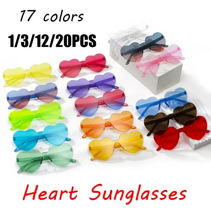 1/3/12/20 pièces lunettes coeur lunettes de soleil amour lunettes de soleil couleur gelée sans cadre en forme de coeur une pièce lunettes couleur éblouissante