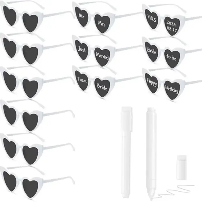 Ensemble de lunettes de soleil en forme de cœur pour fête, 12 paires, monture blanche avec 2 marqueu