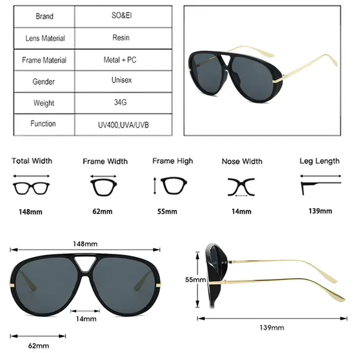 SO & EI Ins mode populaire surdimensionné Double ponts pilote femmes lunettes de soleil rétro couleur bonbon hommes Punk