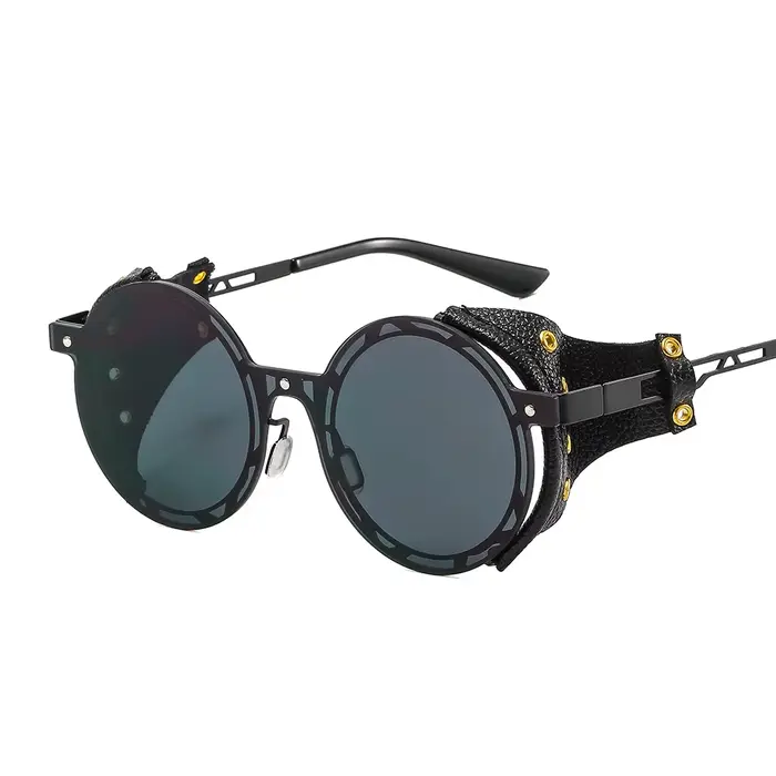 Lunettes de soleil Punk surdimensionnées pour hommes et femmes, nuances métalliques rondes en cuir S
