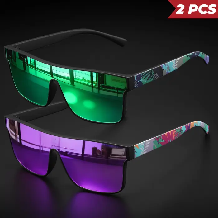 Lunettes de soleil carrées classiques à la mode, 2 pièces, branches à motifs, UV400 unisexe pour le 