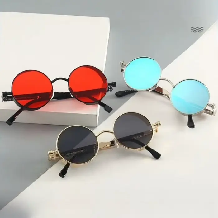 Lunettes de soleil rétro à monture ronde avec charnières à ressort en métal avec lentilles réfléchissantes et colorées