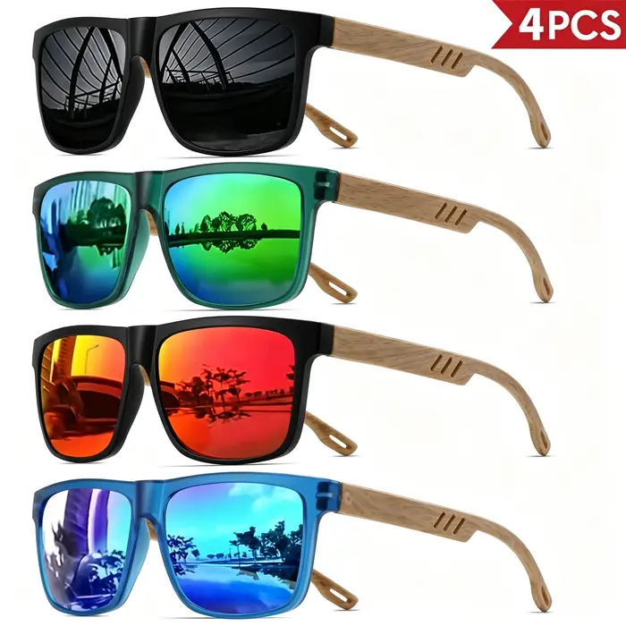 Ensemble de 4 lunettes de soleil style grain de bois – Montures carrées classiques rétro, design con