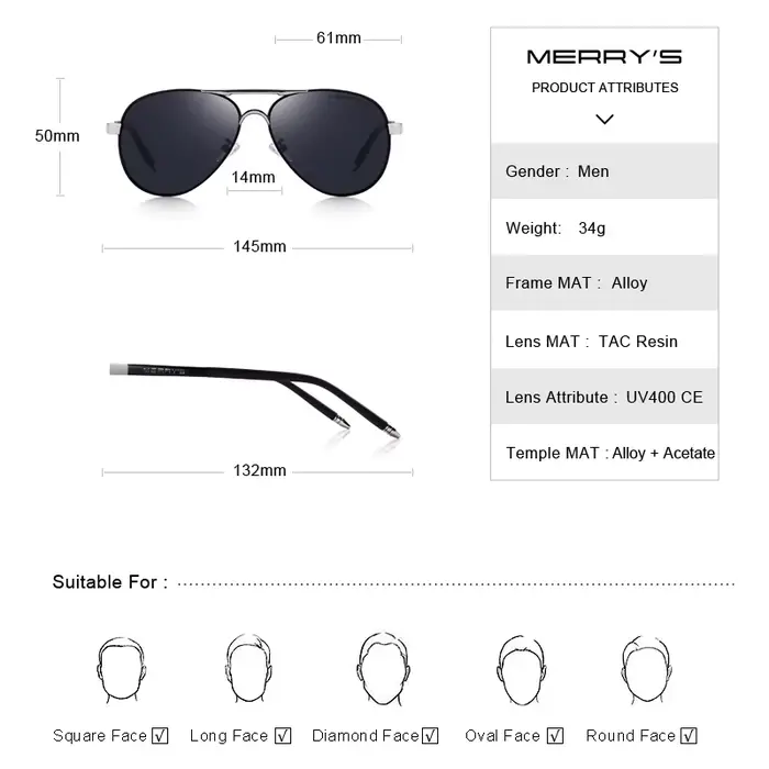 MERRYS – lunettes de soleil aviateur classiques pour hommes