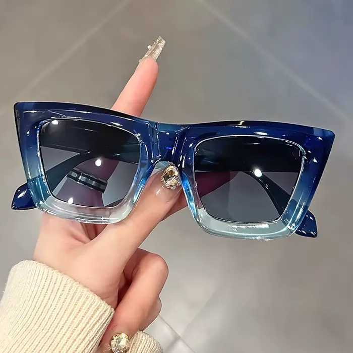 Lunettes élégantes œil de chat avec monture bleu dégradé et transparente, verres PC noirs, charnière