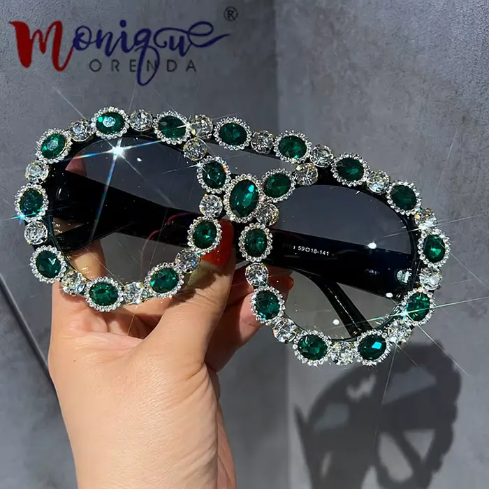 Lunettes de soleil Vintage surdimensionnées pour femmes, lunettes de soleil de luxe en diamant vert,