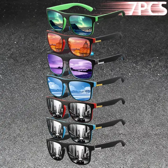 Lunettes de soleil vintage 7 pièces, style classique, à rayures colorées, carrées, pour hommes et fe