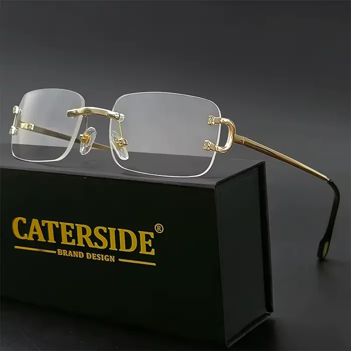 CATERSIDE bleu rectangulaire lunettes de soleil hommes sans monture en métal mode carré lunettes de 