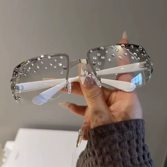 Lunettes de soleil sans monture à strass, style rétro, anti-lumière bleue, pour femme, avec strass a