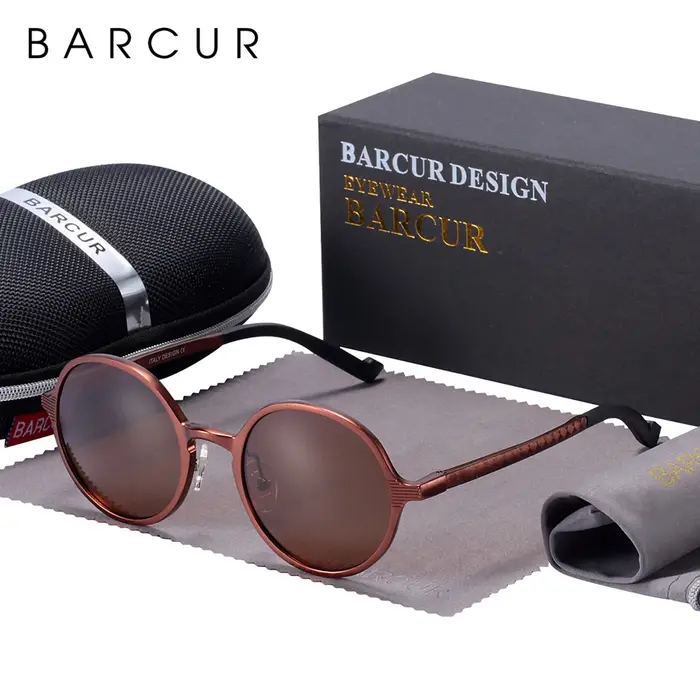 BARCUR Design lunettes de soleil rondes polarisées pour hommes lunettes noires chaudes mâle ultralég