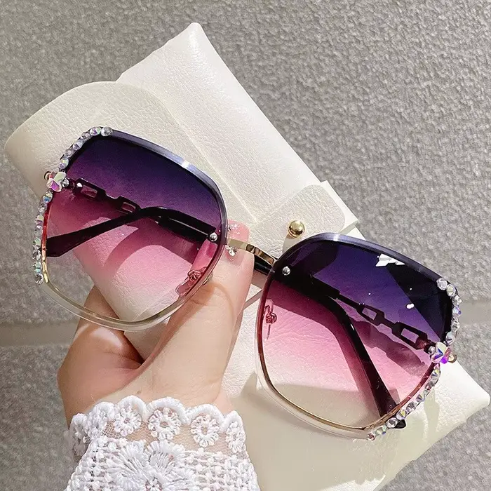 Strass Décor Sans Monture Mode Lunettes De Soleil Pour Femmes Hommes Casual Gradient
