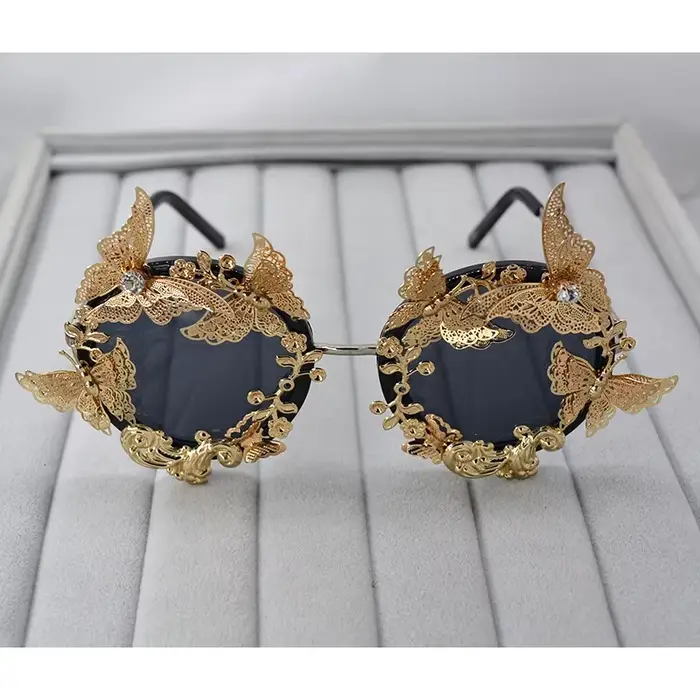 Lunettes de soleil de luxe rondes baroques, monture métallique à fleurs, style vintage, design de ma
