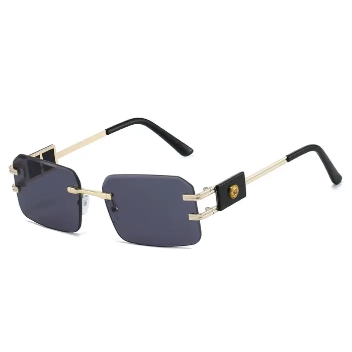 Lunettes de soleil carrées sans cadre à la mode avec décoration de tête de Lion pour hommes et femme