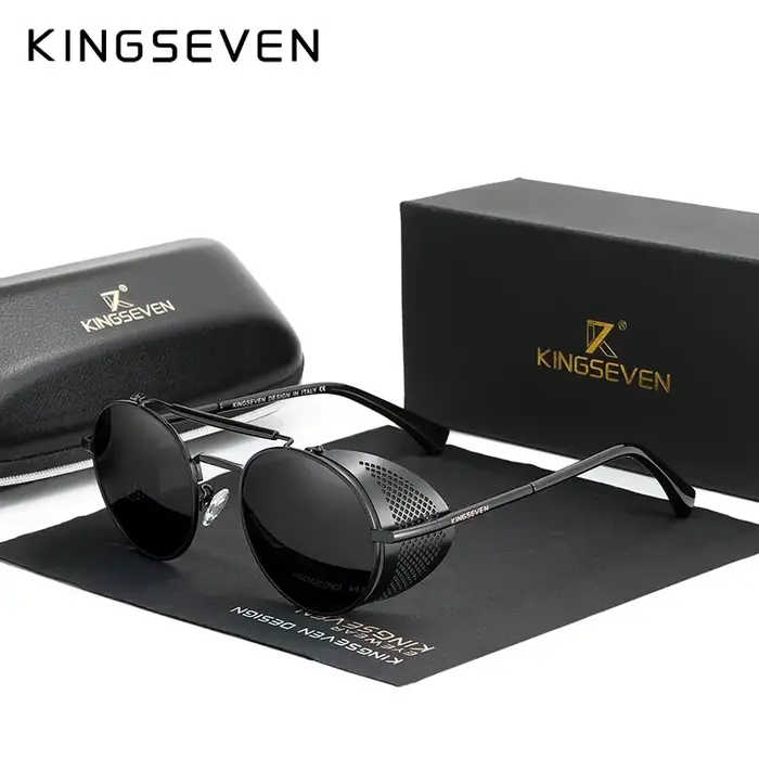 KINGSEVEN Lunettes de soleil de style rétro gothique steampunk de haute qualité, monture ronde, pour