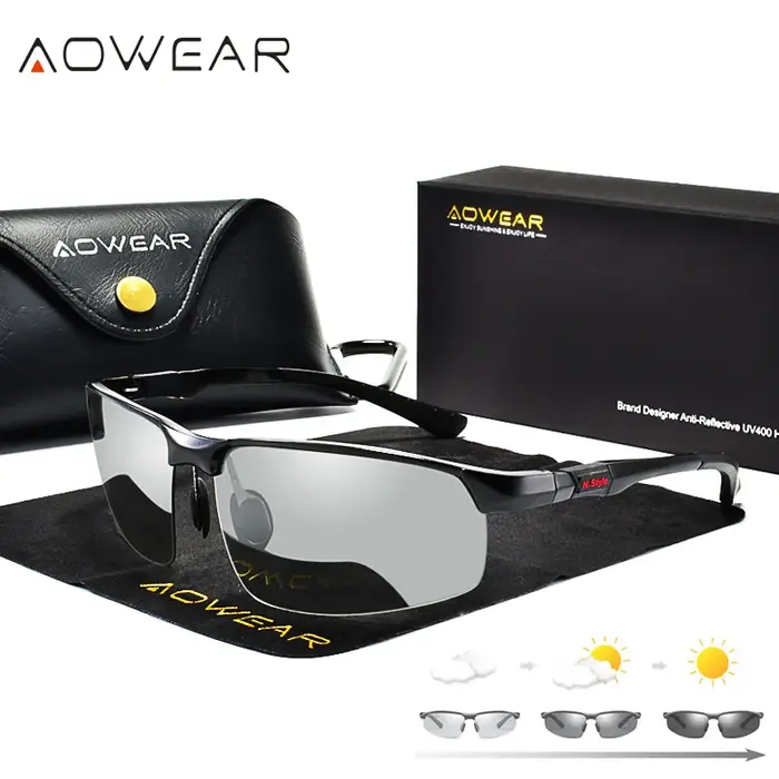 AOWEAR hommes photochromique polarisé sans monture lunettes de soleil hommes jour nuit conduite camé