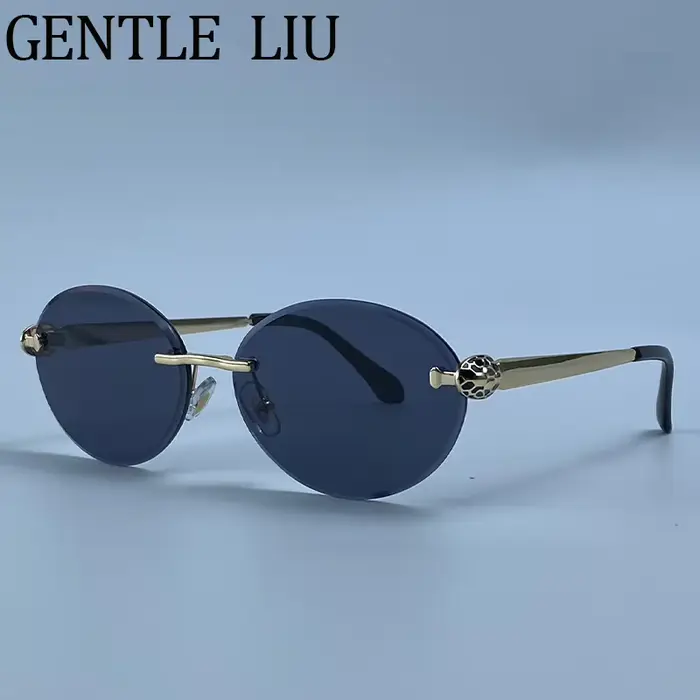Lunettes de soleil ovales sans monture Steampunk pour femme 2026 – Marque de luxe, monture métalliqu
