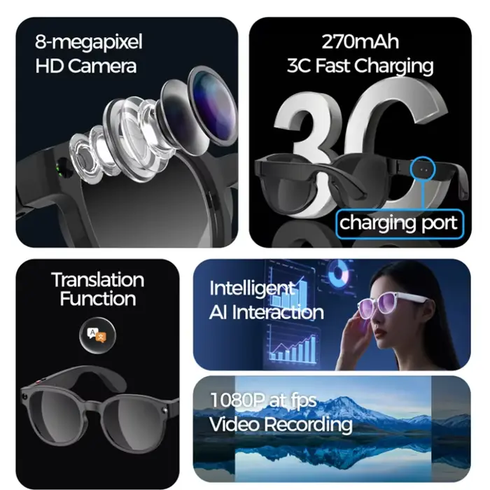 Lunettes Intelligentes AIMB-S1 avec Traduction IA, Caméra HD 8MP, Enregistrement d'Images et Conversations 4K, Lecture de Musique – Nouveauté