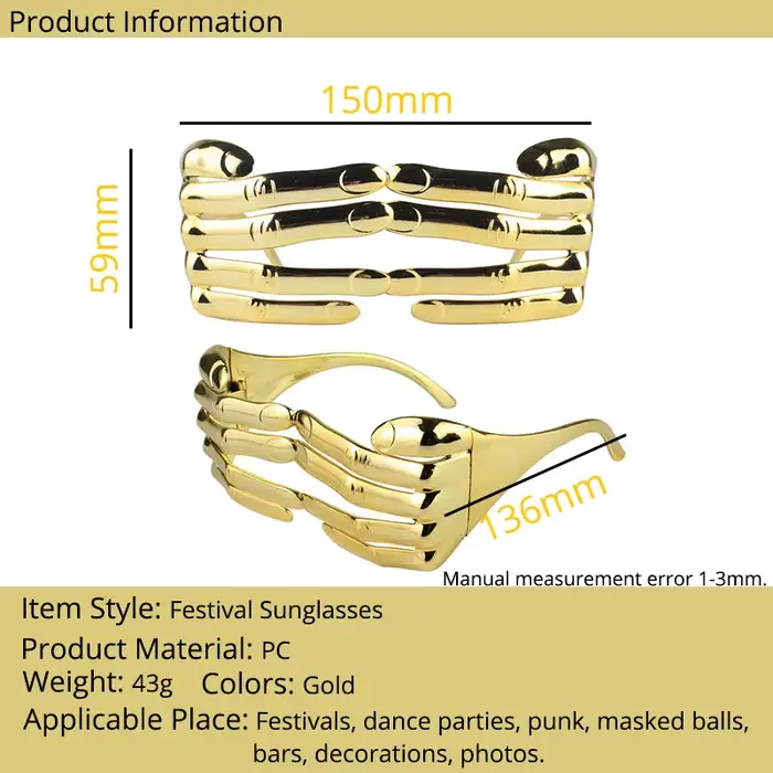 Lunettes à doigts dorés pour hommes, Points de Festival, une pièce, barre argentée pour fête, Cospla