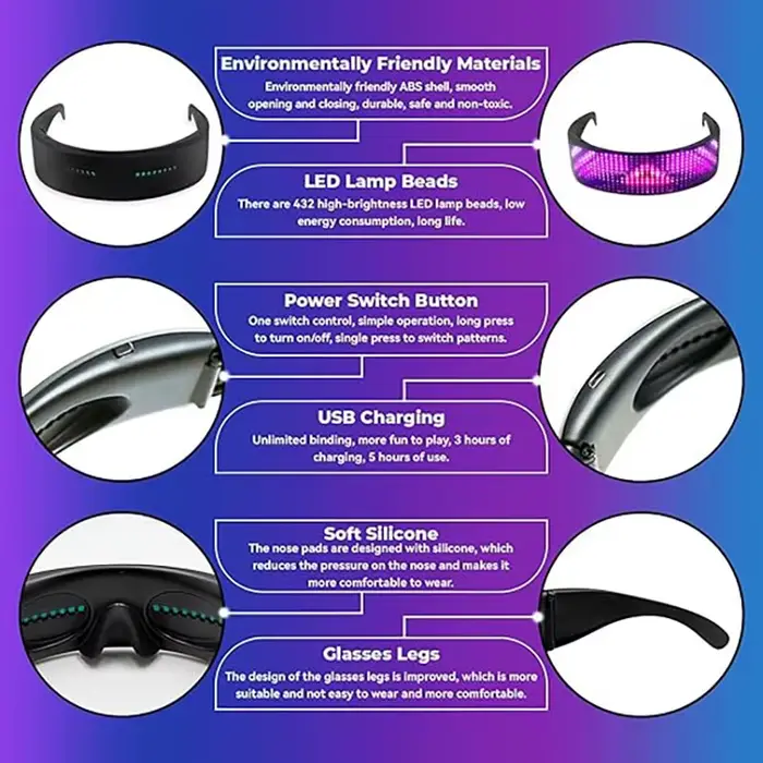 Lunettes LED Bluetooth contrôlées par application, lunettes lumineuses RGB pour cosplay, fête, festival de musique